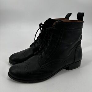 Julia Bo Black Leather Wingtip Brogue Lace Up Combat Boots Victorian Steampunk
